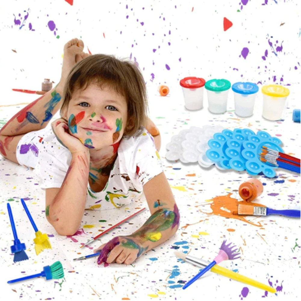 

34 PCS Painting Kit Including Paint Cup With Lid Palette Multi-color Paint Brush Set Children's Gift Art Party DIY Paint Toy