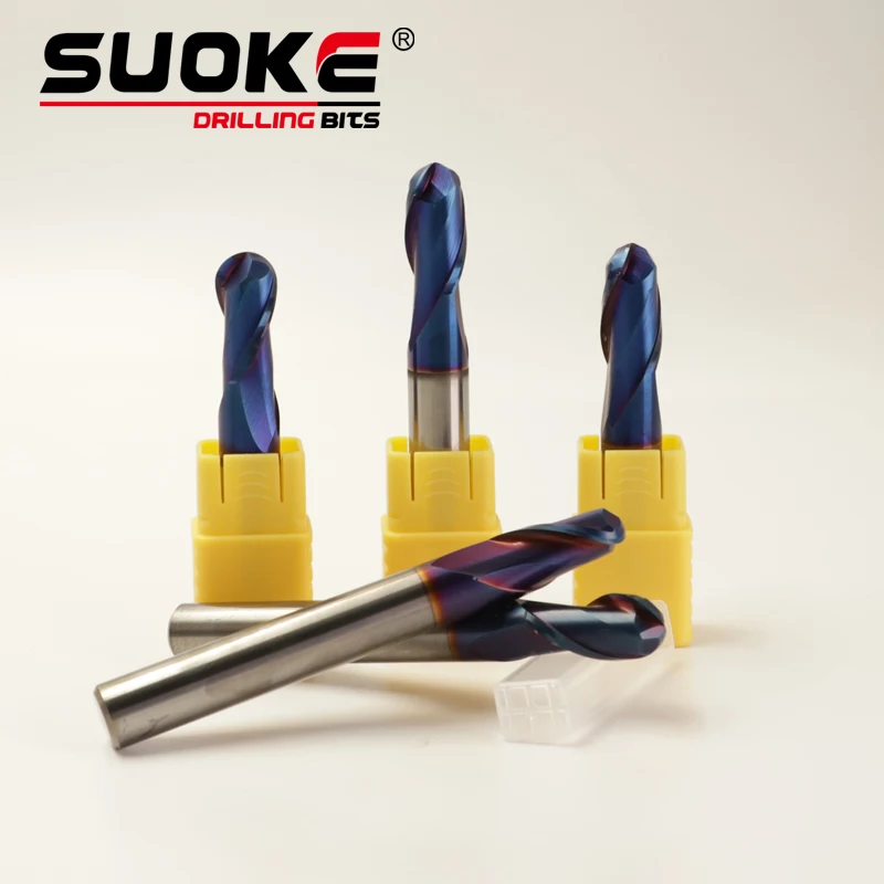 

SUOKE Ball Nose End Mill Tungsten Carbide Cutter CNC Router Bit Milling Tool R1.5 6mm 8mm 10mm HRC65 2 Flute Milling Cutters