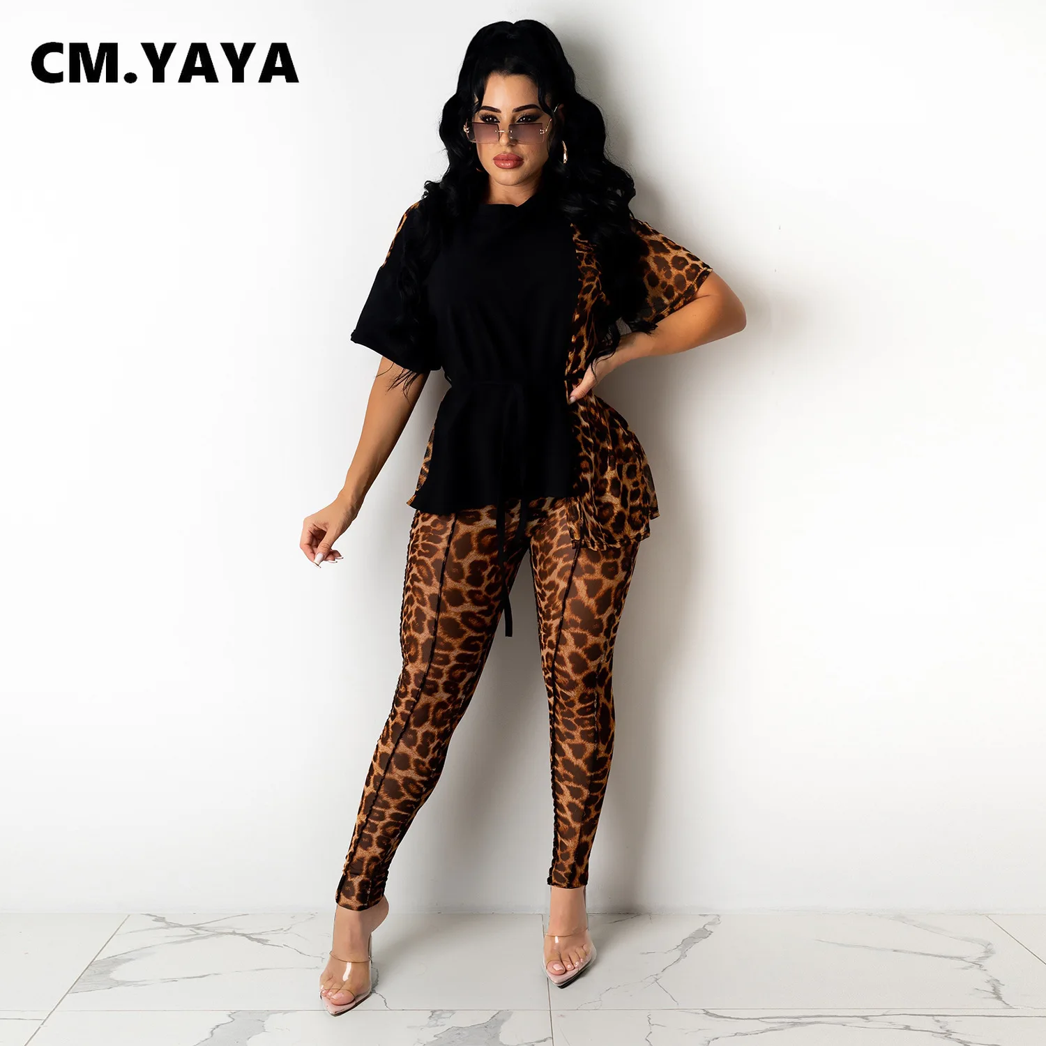

Женский костюм-двойка CM.YAYA, футболка с коротким рукавом, брюки-карандаш в стиле пэчворк, повседневный спортивный костюм с поясом, лето