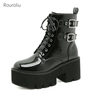 new punk style motorcycle boots women round toe belt buckle thick platform ankle boots female autumn winter boots lace up
