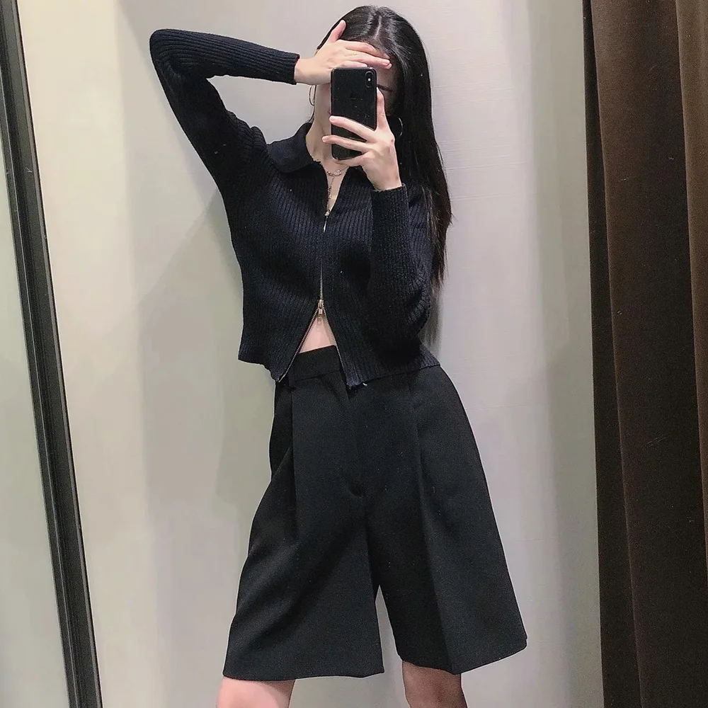 

2021 Summer Vintage All-match High Waist Loose Straight Leg Pants Ladies Solid Office Lady Suit Shorts with Zipper for Women