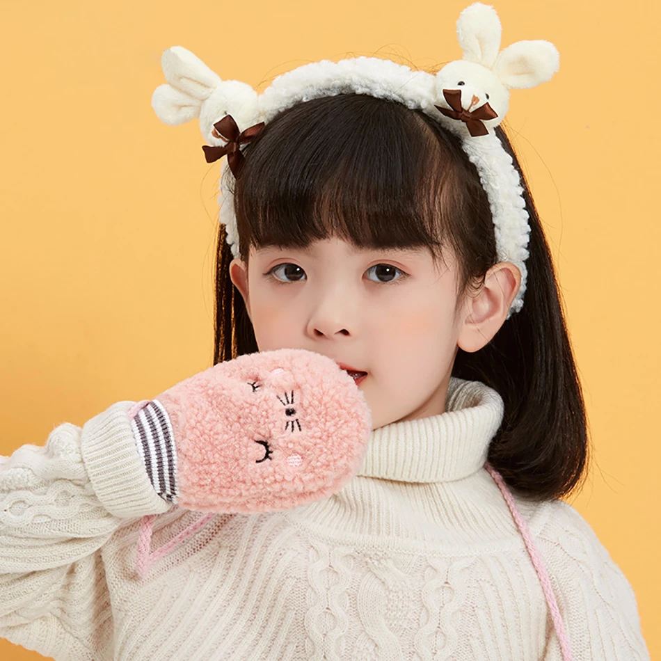 Детские зимние перчатки теплые вязаные милые толстые варежки лоскутные уличные