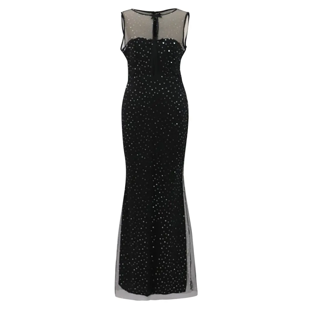 

Sexy Black Summer Dress Casual O Neck Sleeveless Mesh Dot Slim Party Dresses Bodycon Elegant Long Dress Vestidos Robe Femme