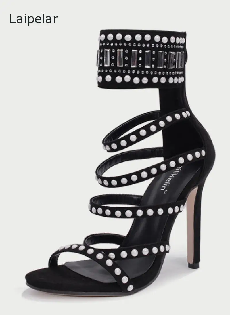

Ethnic Open Toe Rhinestone Design High Heel Sandals Crystal Ankle Wrap Diamond Gladiator Women Sandals Black Size 35-42