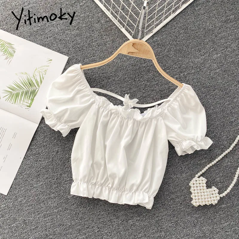 

Женская блузка Yitimoky, летняя однотонная белая, черная, с пышными рукавами и квадратным вырезом, с оборками, повседневная, 2021
