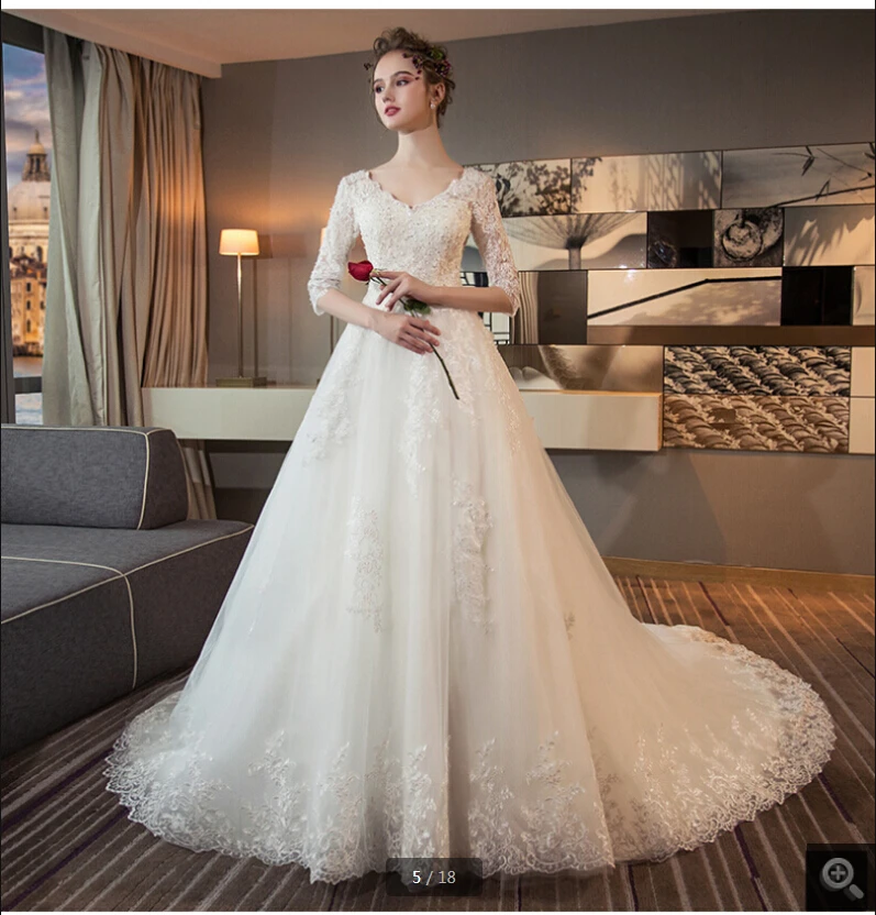 

Latest Style white tulle ball gown wedding dresses lace appliques beaded v neck half sleeve modest bridal gowns princess on sale