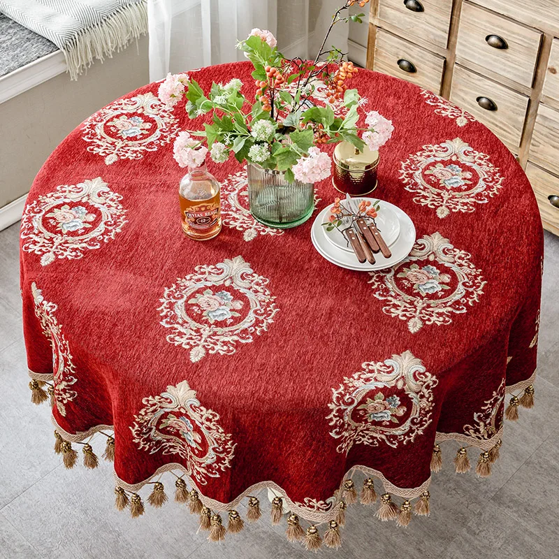 

Luxury European Round Tablecloth with Tassel Embrodered Jacquard Table Cover Coffee House Home Table Decoration Red Table Cloth