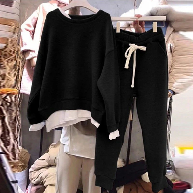 

Women's Two Pieces Set Fashion Fake 2 Pcs O Neck Loose Sweatshirts Casual Lace Up Sweatpants Streetwear Ladies Tracksuit New