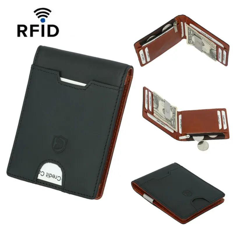 Тонкий минималистичный кожаный кошелек с передним карманом и блокировкой RFID