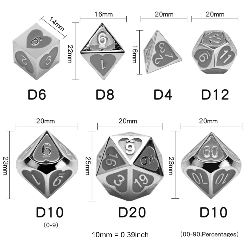 

7pcs Deluxe Metal Dice Polyhedral Board Game Dice Set for Friends Party RPG MTG D4 D6 D8 D10 D12 D20