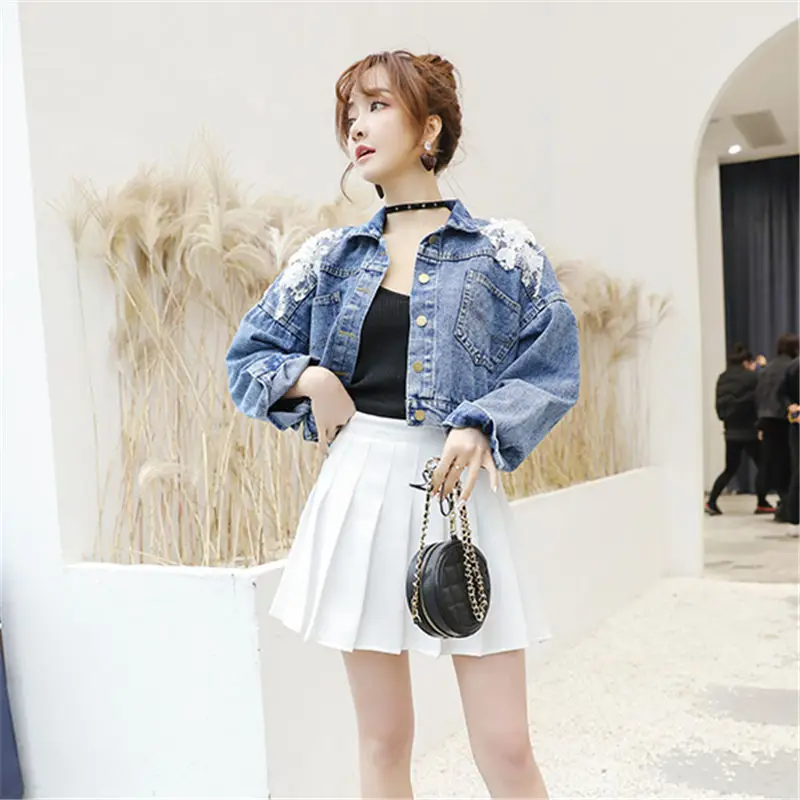 Autumn Spring Denim Jacket Women Fashion Coats Bling Sequins Long Sleeves Embroidery Basic XZ011 | Женская одежда