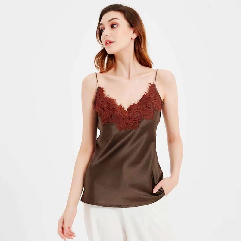 100% Silk Tank Top Women High Quality Fabric Shoulder Strap Adjustable Length Lace 4 Colors Casual Basic Clothing Fashion