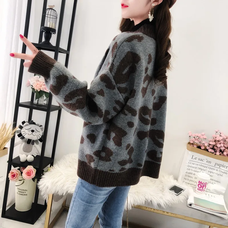 

Women's Cardigan Winter Long Sleeve V Neck Leopard Knitted Sweater Female Casual Button Thick Print Cardigans for Women 2020