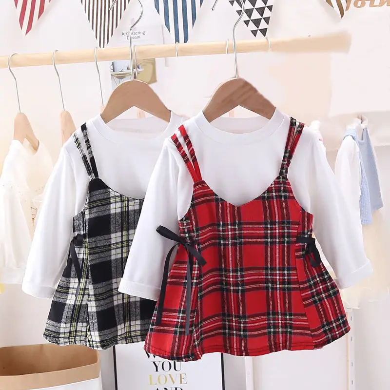 

Girls Dress Baby Long-sleeved Princess Dress For Kids Casual 2piece Children's Plaid Dress Spring Clothes For Girl