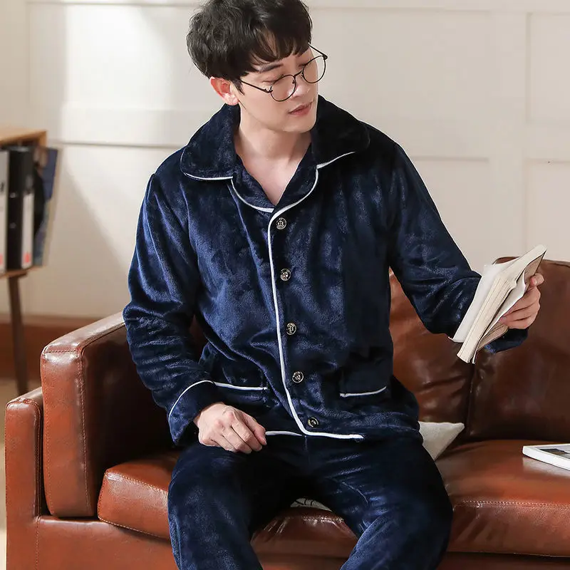 man pajama set Теплая Пижама Мужская Фланелевая Зимняя Толстая Пижама Мужская Толстая пижама с длинным рукавом Повседневная Осенняя Пижама для мужчин коралловый флис для сна XXXL - Цвет: man pajama set