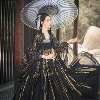 hanfu ancient costume oriental chinese traditional classical embroidery dance costume black gauze skirt stage performance women