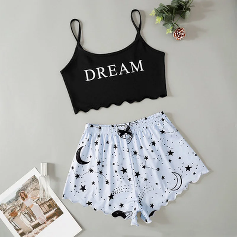 

Sleepwear Home Suit Summer V Neck Sexy Pyjamas Women Pijama Femme Spaghetti Strap Loose Print Lovely Nightie