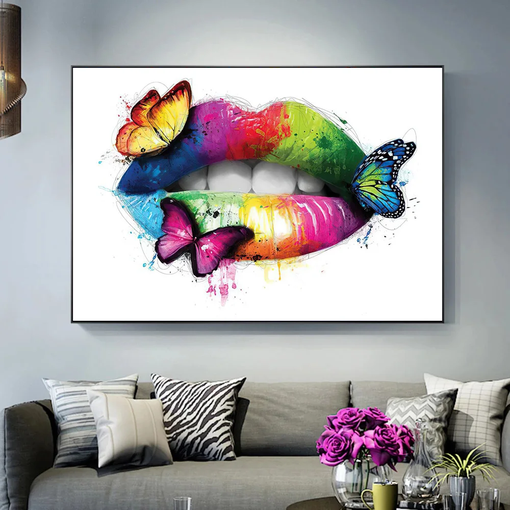 

Abstract Colorful Butterfly Mouth Oil Painting Printed Posters Girl Portrait Canvas Wall Art Painting for Living Room Decor