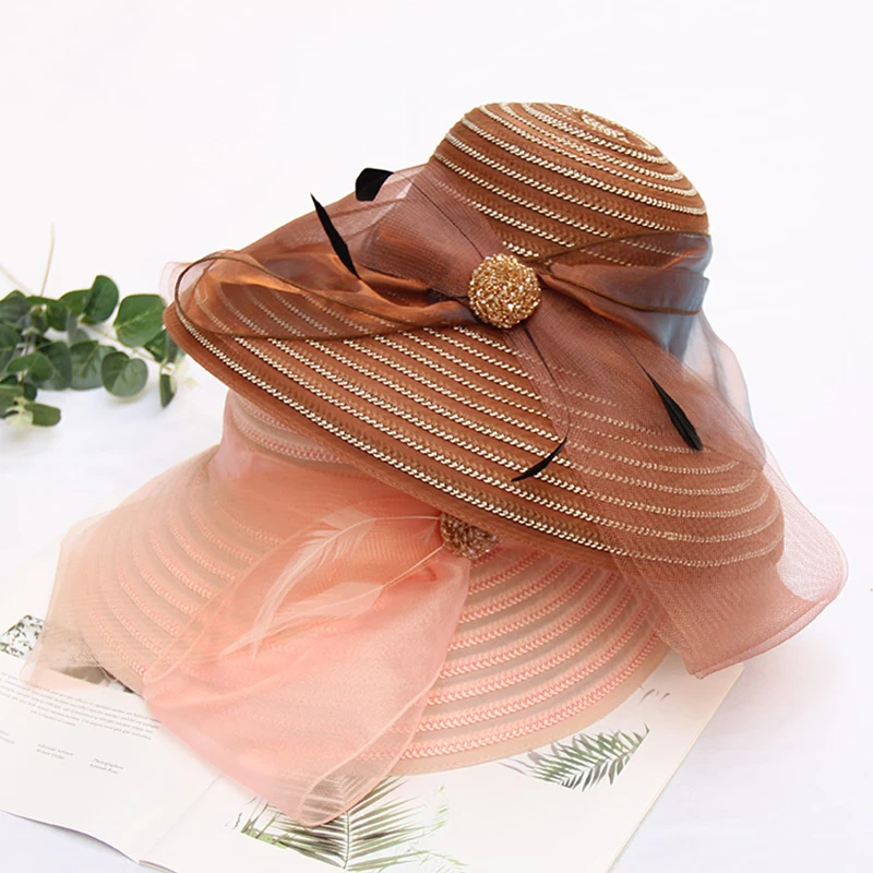 

Women Summer Hats Beach 2019 New Sun Hats Wide Brim Fedoras Ladies Floppy Visor Caps Elegant Veil Kentucky Derby Hat M187