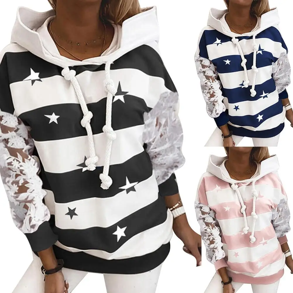 

Autumn Women's Tracksuit Hoodie Women Casual Lace Patchwork Long Sleeve Star Stripe Loose Hoodie Sweatshirt