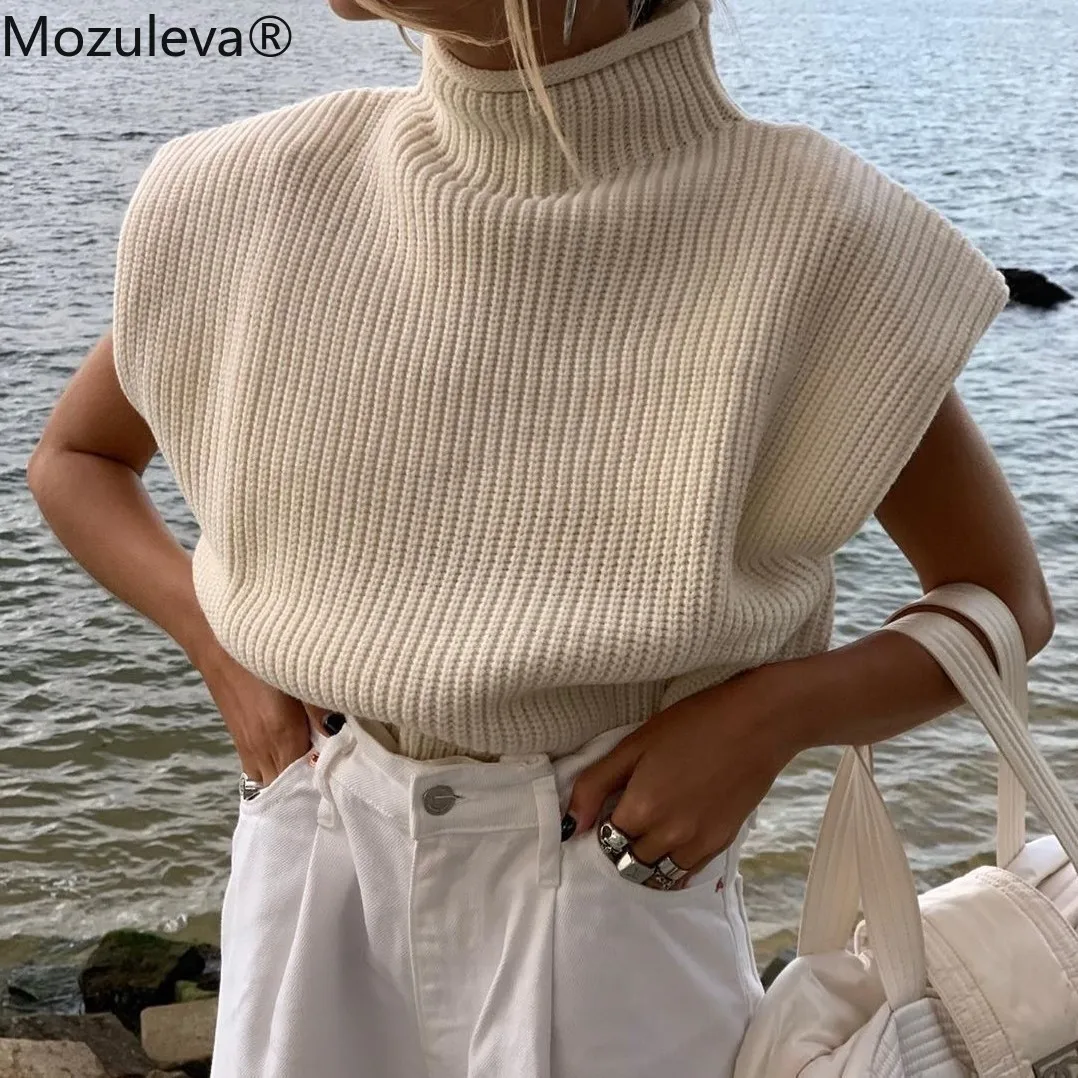Mozuleva 2021 Autumn Winter Women's Dress Solid Color Sleeveless High Collar Casual Shoulder Top Sweater Turtleneck | Женская одежда