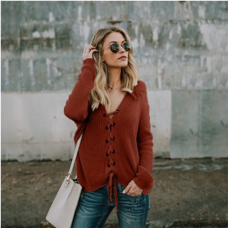 Женский свитер с глубоким V-образным вырезом и длинным рукавом | Женская одежда