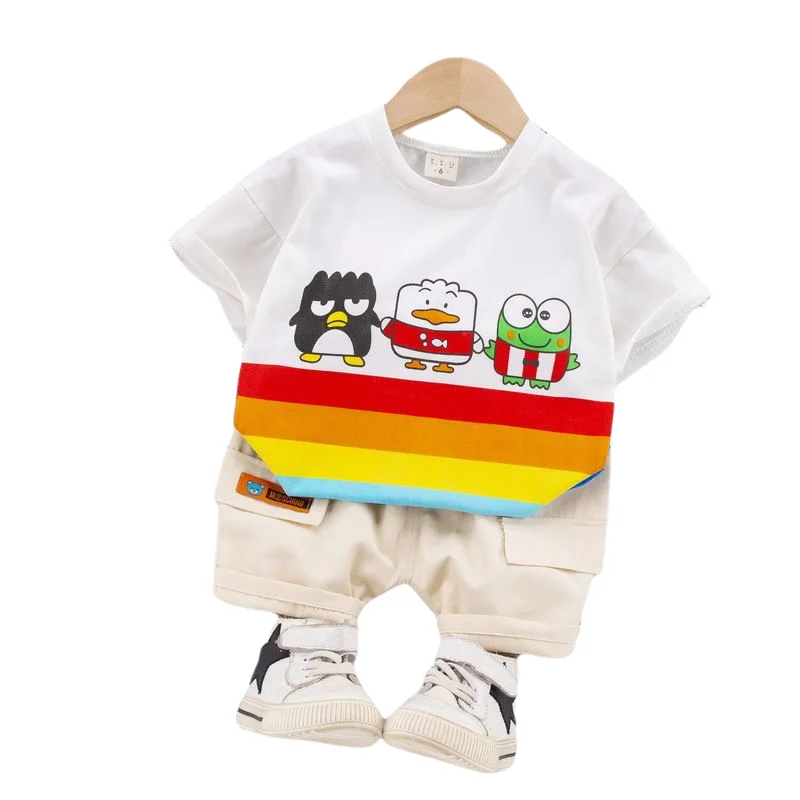 

Новинка, летняя одежда для маленьких мальчиков и девочек, повседневный спортивный костюм для малышей, детские спортивные костюмы, детская хлопковая Футболка с мультяшным рисунком и шорты, 2 шт./компл.