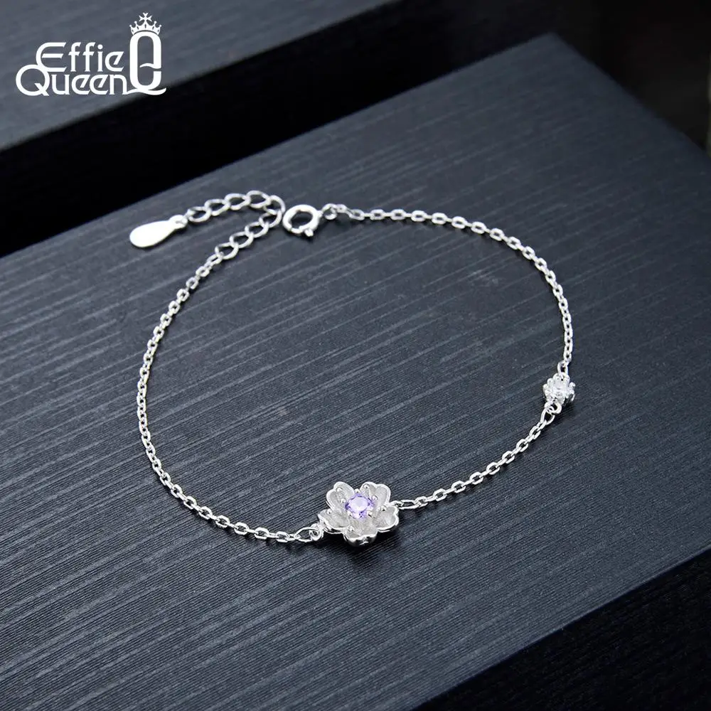 Effie queen 925 пробы серебряные женские браслеты романтический цветок фиолетовый циркон девушки браслет оригинальные женские ювелирные изделия подарок TSB40