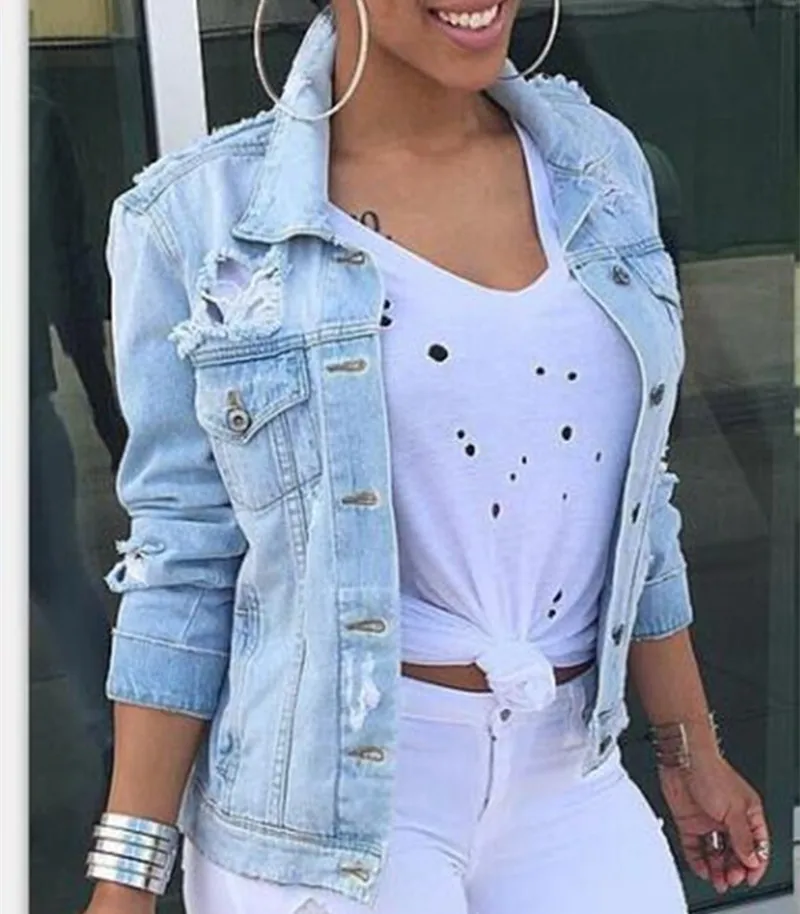 Парень ветер осень зима Для женщин отверстие джинсовая куртка 2018 Винтаж Harajuku