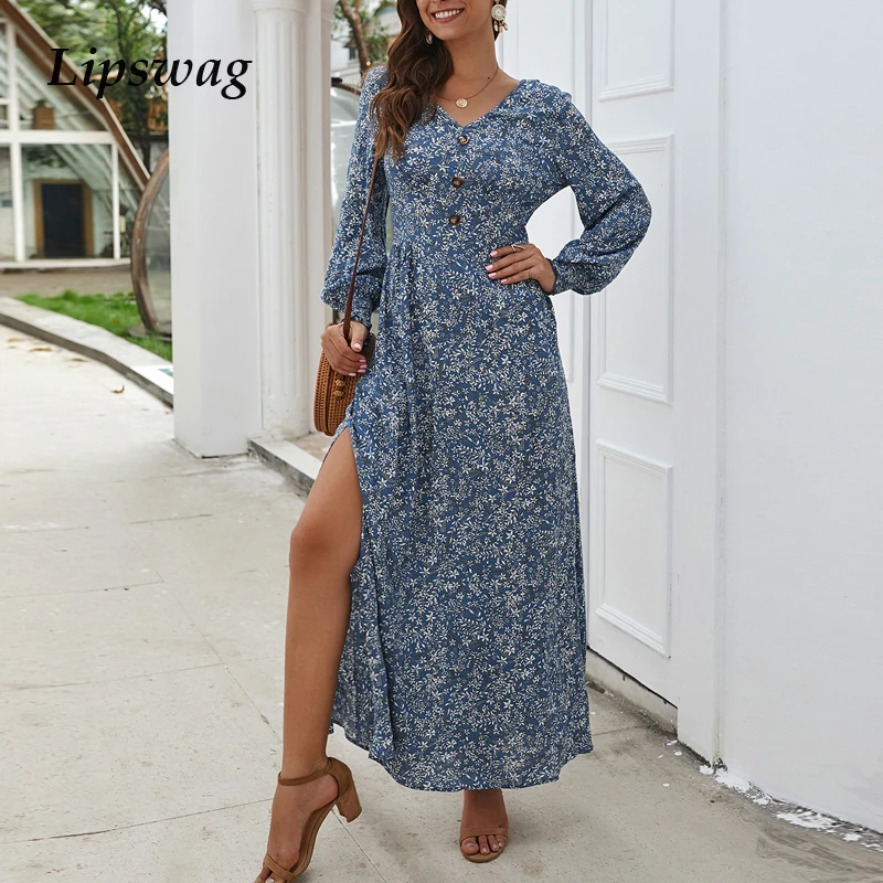 Платье макси с цветочным принтом V образным вырезом и рукавом фонариком|Женские