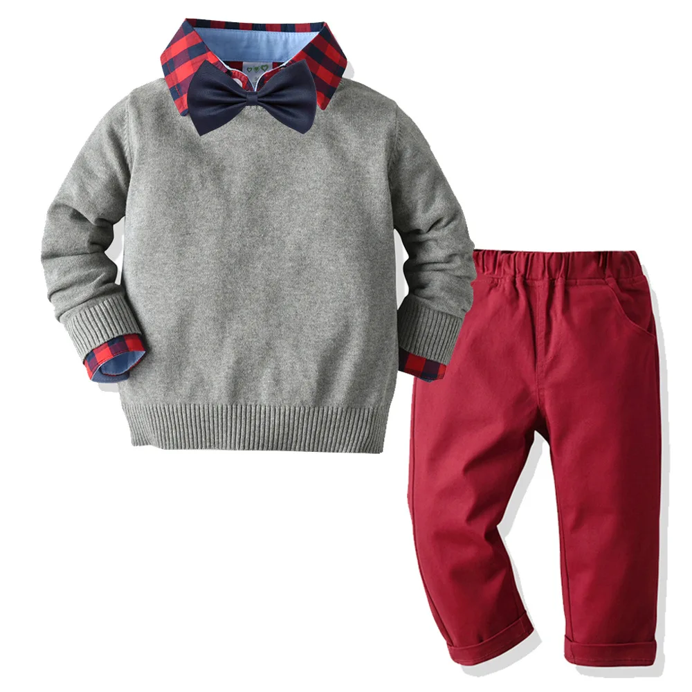 

Wholesale Boy Suit New Autumn Winter Gentleman Casual Long Sleeve Plaid Shirt Pants Match Solid O-neck Sweater Kids Clothing