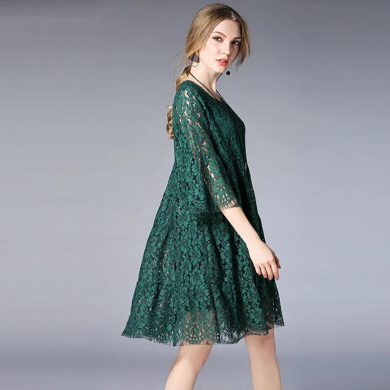 

Water Soluble Lace Dress for Women Solid Color Loose Casual Spring Autumn Clothing Plus Size Round Neck Half Sleeve Hollow Out
