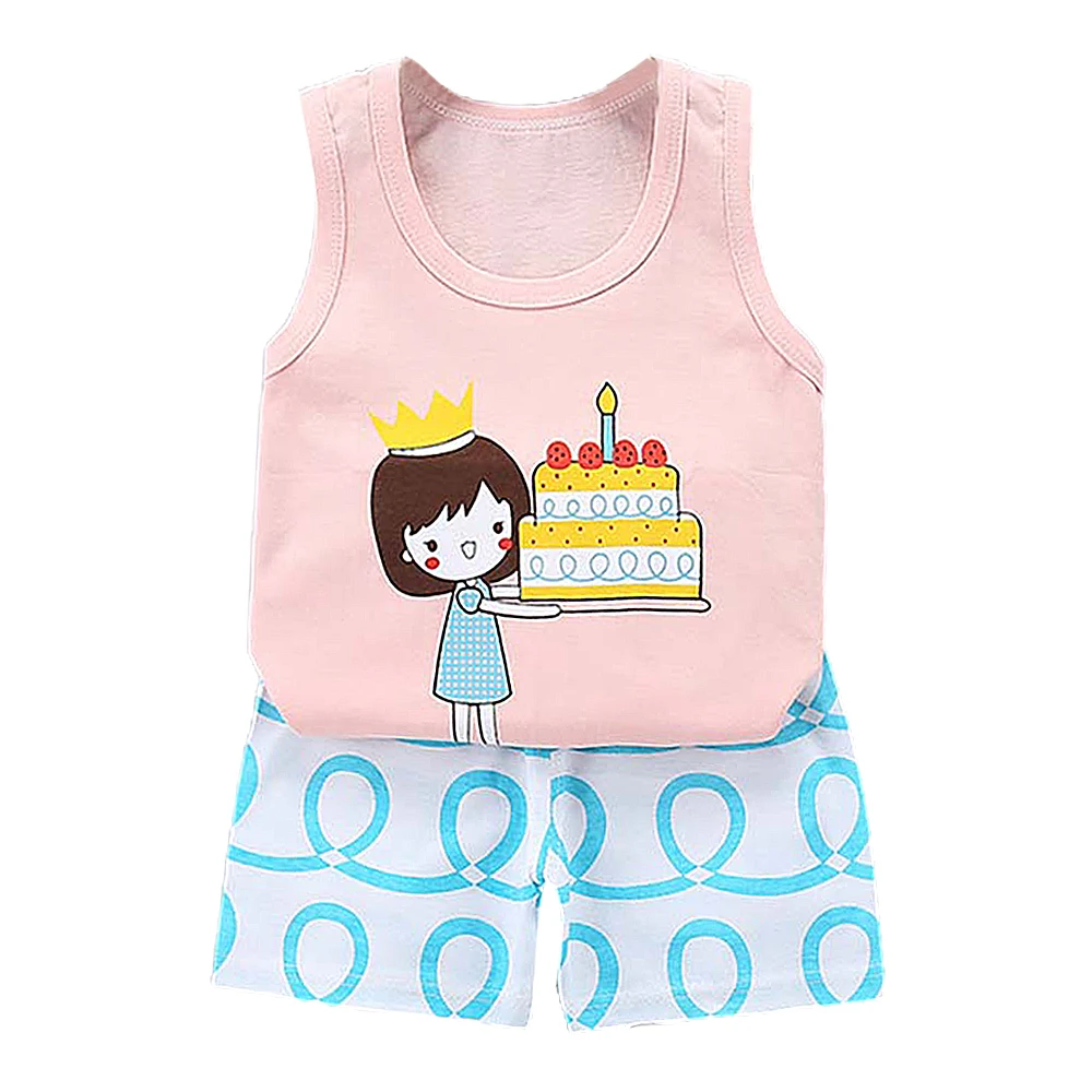 

Baby Girl Clothes Two Piece Set Summer Sleeveless T Shirt Vest and Shorts Cartoon Print Boys Clothing O-Neck