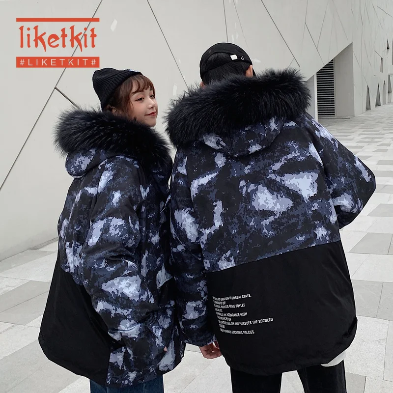 Liketkit мужские зимние куртки с капюшоном камуфляжные парки 2019 лоскутные