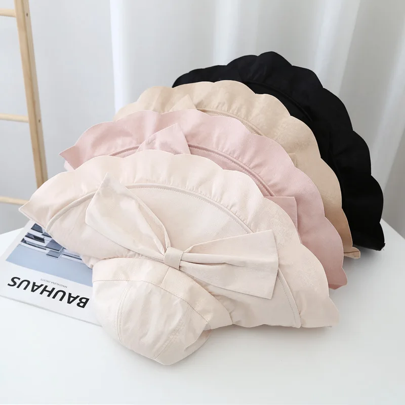Spring Summer Ladies Dome Beach Bow Lace Sweet Fisherman Hat Theme Wide Brim Solid Color Bob Panama Hat