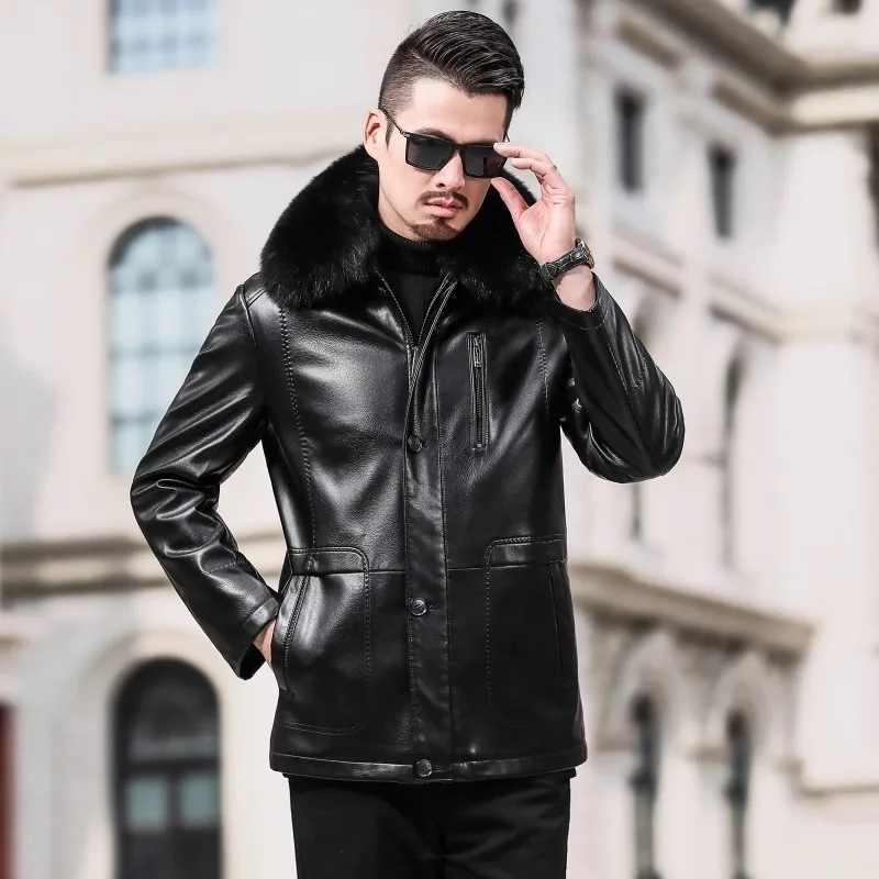 

Quality Brand High Leather Jacket Men Business Casual Fur Collar Detachable Warm Outerwear Winter Classic Single Breasted Coat