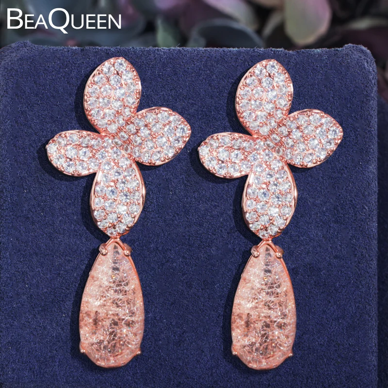 

BeaQueen Luxury Designer Four Leaf Flower Champagne Broken CZ Zirconia Water Drop Rose Gold Color Earring Jewelry for Women E403