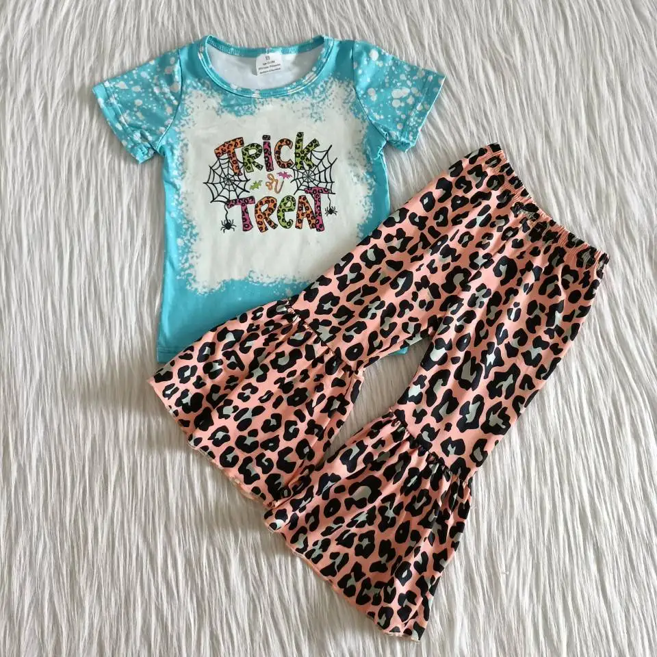 

new Fashion set Toddler Kid Clothes Spider web short sleeve shirt Leopard bell outfits baby Girl clothing Boutique children wear