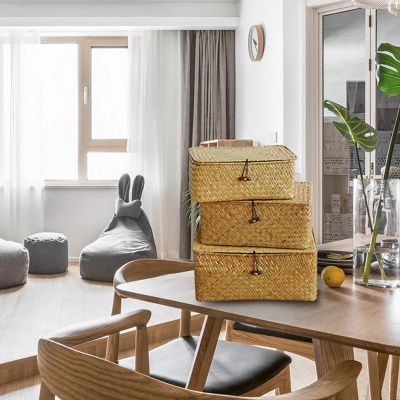 

Handmade Woven Storage Basket with Lid Food Container Makeup Organizer Rattan Sundries Storage Box Seagrass Laundry Baskets