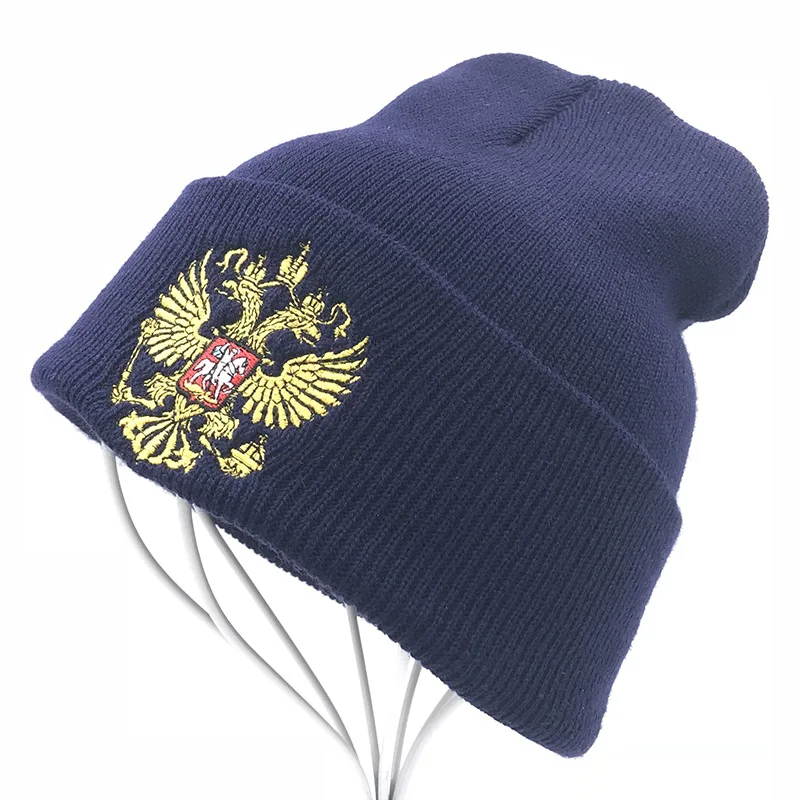 Новые брендовые шапочки зимние вязаные шапки для мужские и женские шапочки Для мужчин, зимняя шапка Кепка капот зима теплая мешковатая шапка Россия логотип шляпа - Цвет: Тёмно-синий