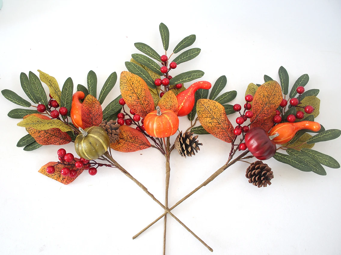

1Pcs Harvest Fall Picks 15.5inch Tall Artificial Maple Leaf and Olive Leaves Pumpkin Branch with Berry Autumn Floral Picks Decor