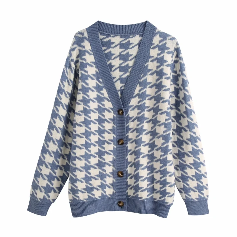 

Women houndstooth Knitting Loose Sweater Casual Femme V-Neck Long sleeve Pullover High Street Lady Loose Tops