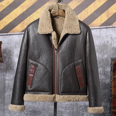 Шуба для мужчин из овечьей шерсти, черная куртка B3 "Бомбер", короткая кожа, новые зимние пальто с мехом.