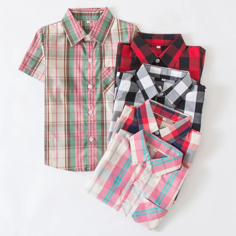 

2021 Летняя Детская рубашка для маленьких мальчиков, модные хлопковые рубашки в клетку с коротким рукавом, повседневная одежда для девочек, д...