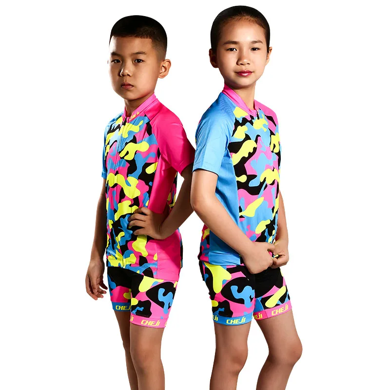 CHEJI Kids велосипедная майка, шорты, флуоресцентный розовый, детская одежда для мальчиков и девочек, велосипедная одежда, дышащий Быстросохнущий комплект с короткими рукавами