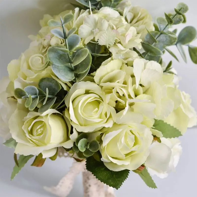 

Wedding Bridal Bouquet Handmade Artificial Rose Eucalyptus Leaves Bridesmaid Holding Flowers for Party Home Table Decor