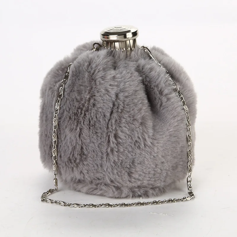 

Bucket design women bag shoulder chain small clutch fur rabbit winter wedding party handbags small pocket money purse