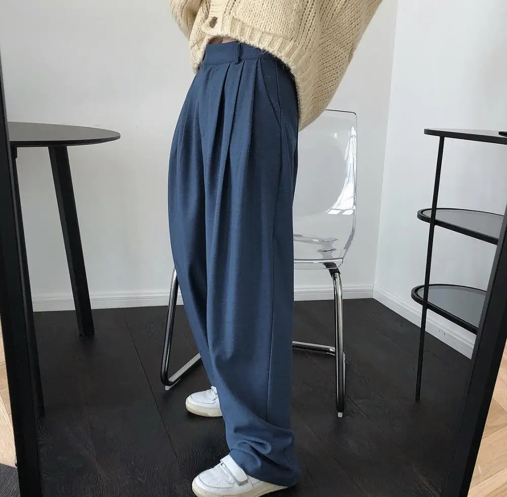 Spring Autumn Simple Trousers Ladies Office High Waist Pants Pleated Casual Loose Women Ankle-Length Pants Female OL 205E