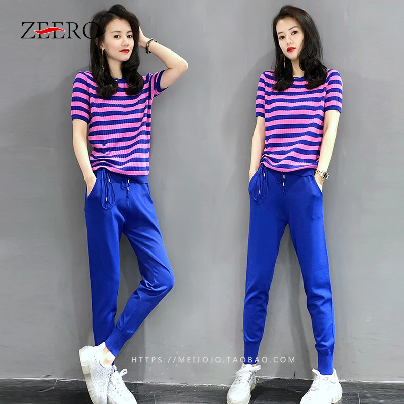 

Женский спортивный костюм в полоску, комплект из двух предметов, пуловер с принтом сердечек и штаны, спортивный костюм, лето 2022