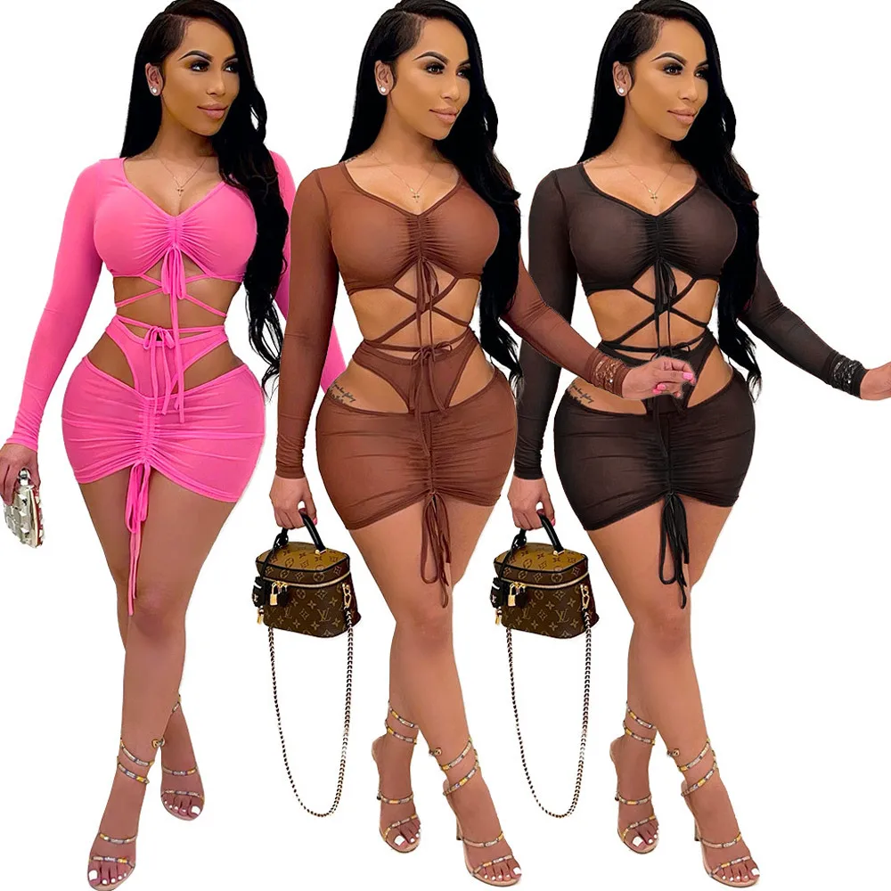 

Sexy Bandage Drawstring Two Piece Matching Sets Women Full Sleeve Slim Fit Crop Top and Ruched Skinny Skirts Birthday Clubwear